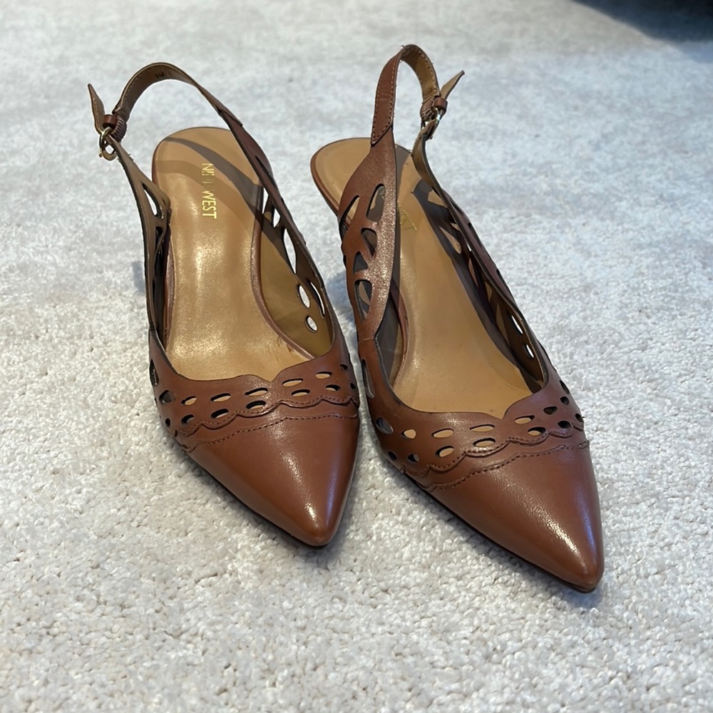 Cognac cutout leather sling backs